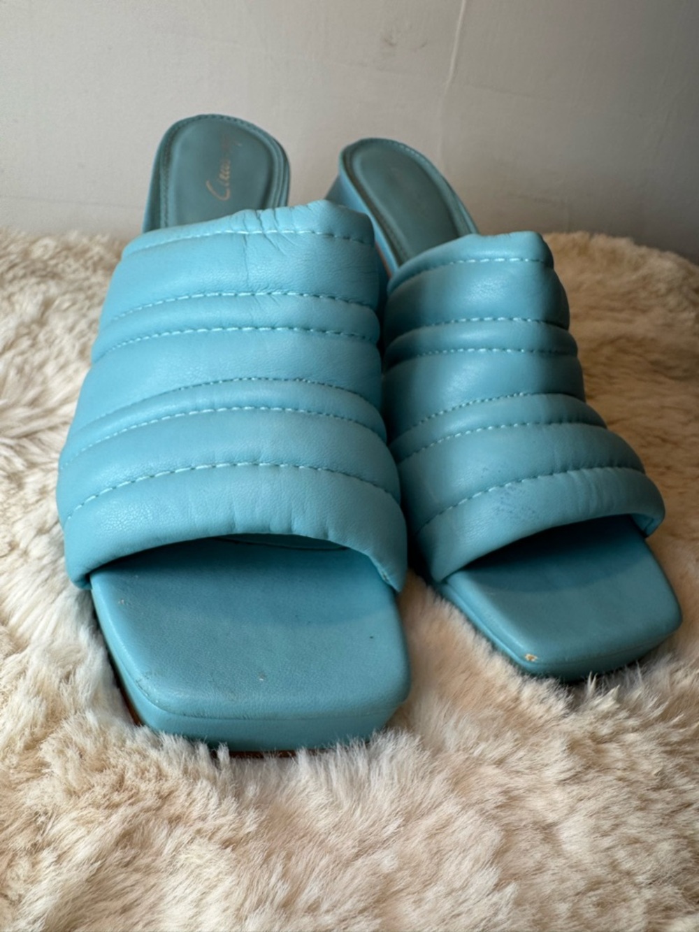 Sam Edelman Y2K Chunky Heel Icy Blue Teal‎ Quilted Slide Mules 8.5